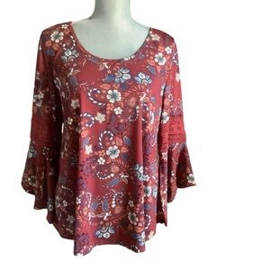 Stem & wine womens burgundy plum floral blouse size large bell sleeve crochet